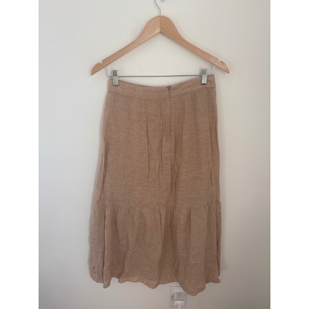 Madewell Tan Linen Blend Ruffle Wrap Midi Skirt Size 0 Tiered Asymmetrical Hem‎